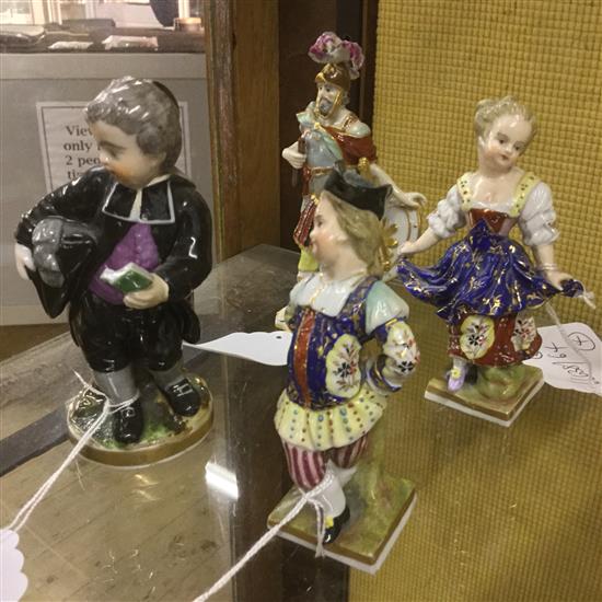 Porcelain figure of a young cleric & three small costume figures